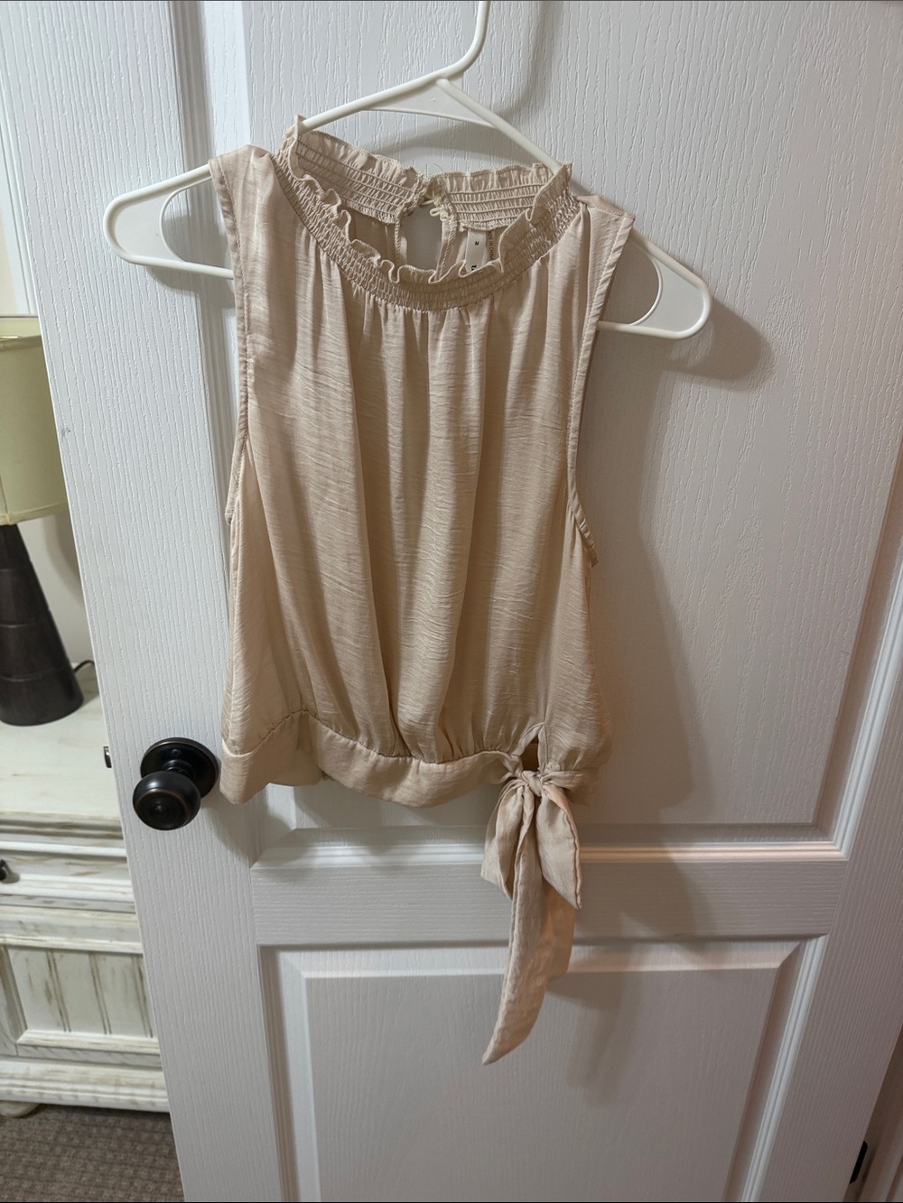 glam Cream Sleeveless Ruffle-Neck Tie-Hem Camisole